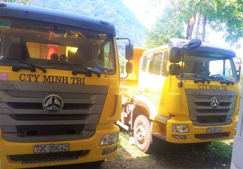A couple of yellow trucks parked in a forest

Description automatically generated