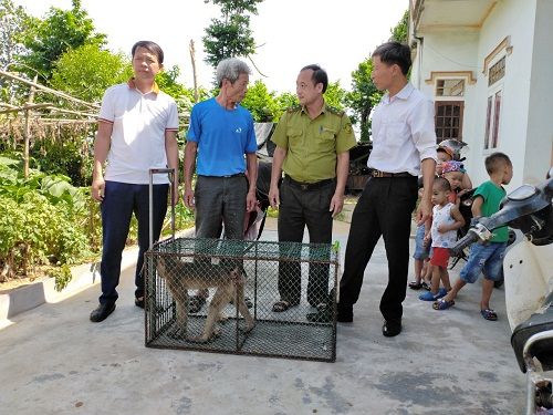 A group of men standing around a cage with a monkey

Description automatically generated